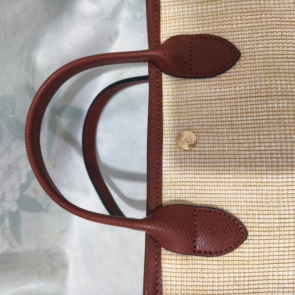 Longchamp Cream Woven Tote with Brown Leather Trim and Horse Motif - Picture 9 of 13